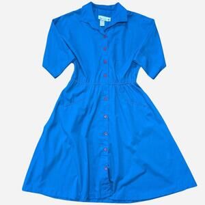 Vintage 1980s Walden Petite Utility Cobalt Blue Dress – Size 12 – Made in USA